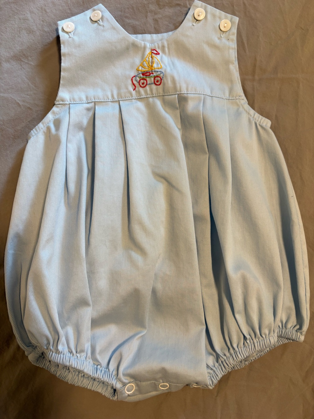 6M Blue Pleated Bubble Romper with Toy Sailboat Detail
